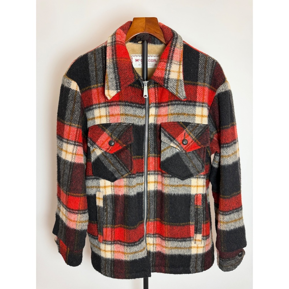 Vintage McGregor Mackinaw Wool Plaid Jacket Red Black Serval Zipper Mens 40 USA